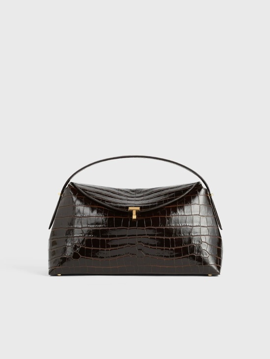 Toteme Handbags - Toteme Dark Brown Croc-Embossed Shoulder Bag with Gold Hardware